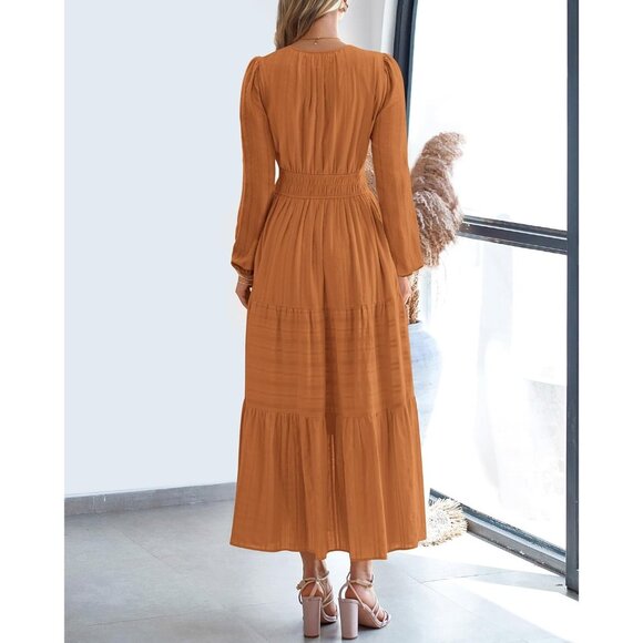 Women Brown Orange Long Sleeve V Neck Elastic Waist Maxi Dress With Pockets - Picture 3 of 8